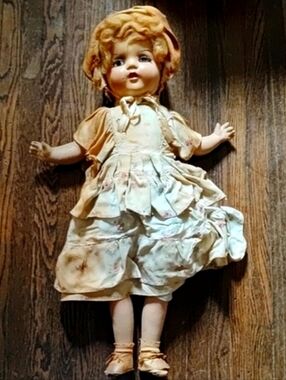 Vintage Composition Halloween Doll Fabric Body Painted Face Eyelashes Antique